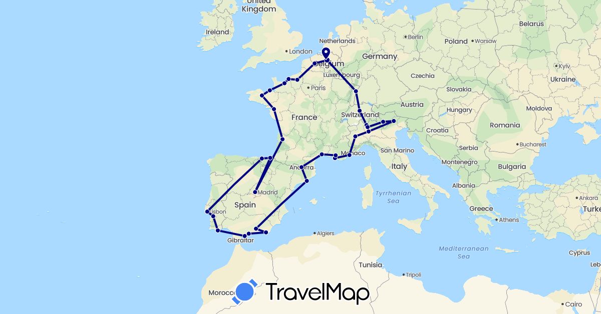 TravelMap itinerary: driving in Andorra, Belgium, Switzerland, Spain, France, Italy, Portugal (Europe)